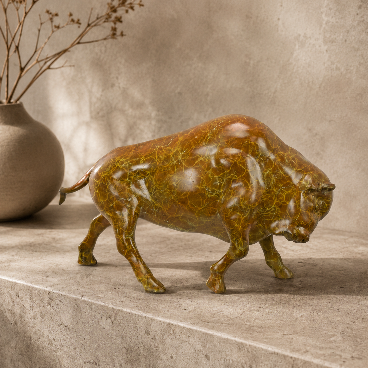 Sculpture en bronze patiné représentant un bison en mouvement