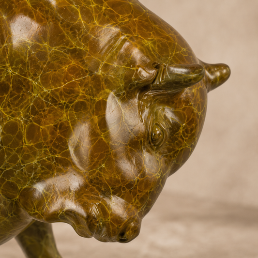 Sculpture en bronze patiné représentant un bison en mouvement, vue 2