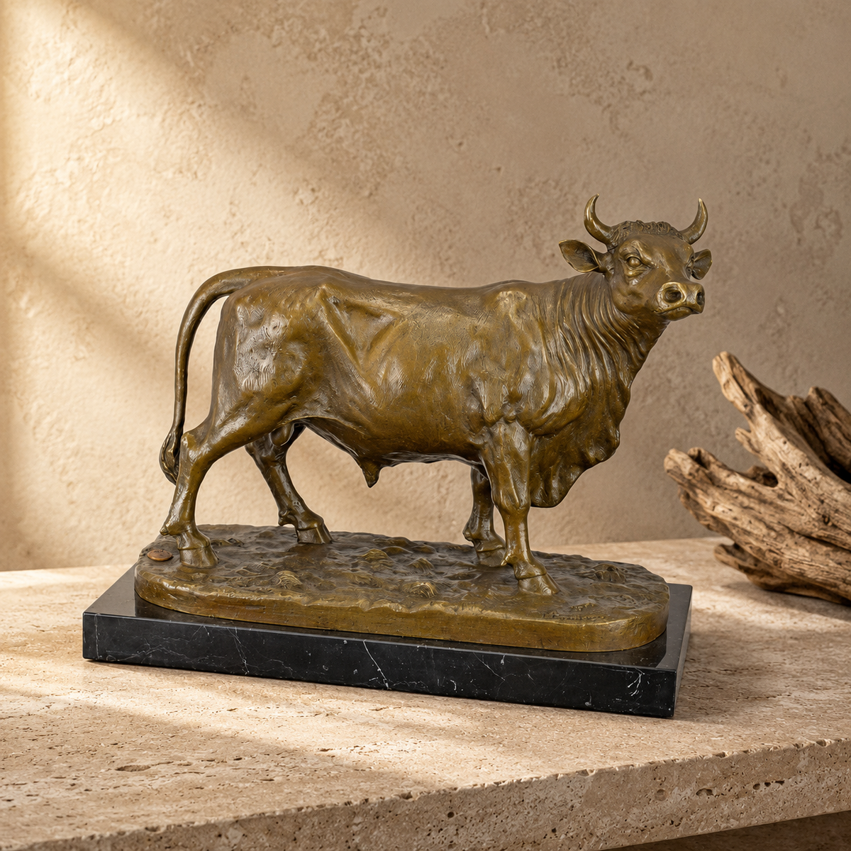 Sculpture en bronze patiné représentant un taureau en marche