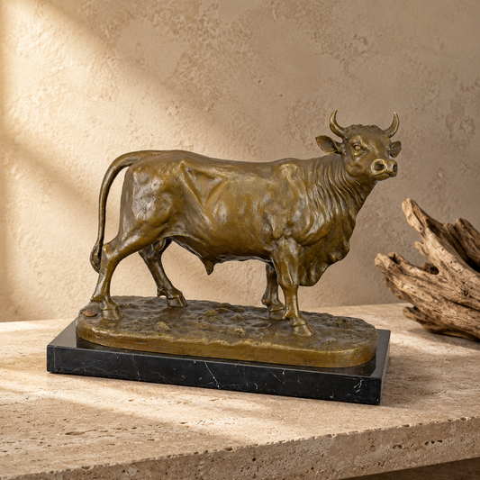 Sculpture en bronze patiné représentant un taureau en marche