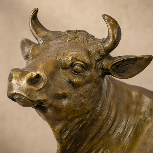 Sculpture en bronze patiné représentant une vache sur marbre, vue 2