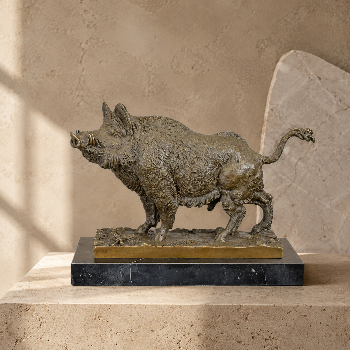 Sculpture en bronze patiné, sanglier en mouvement sur marbre