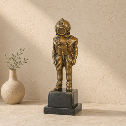 Sculpture en bronze patiné, scaphandrier en pied