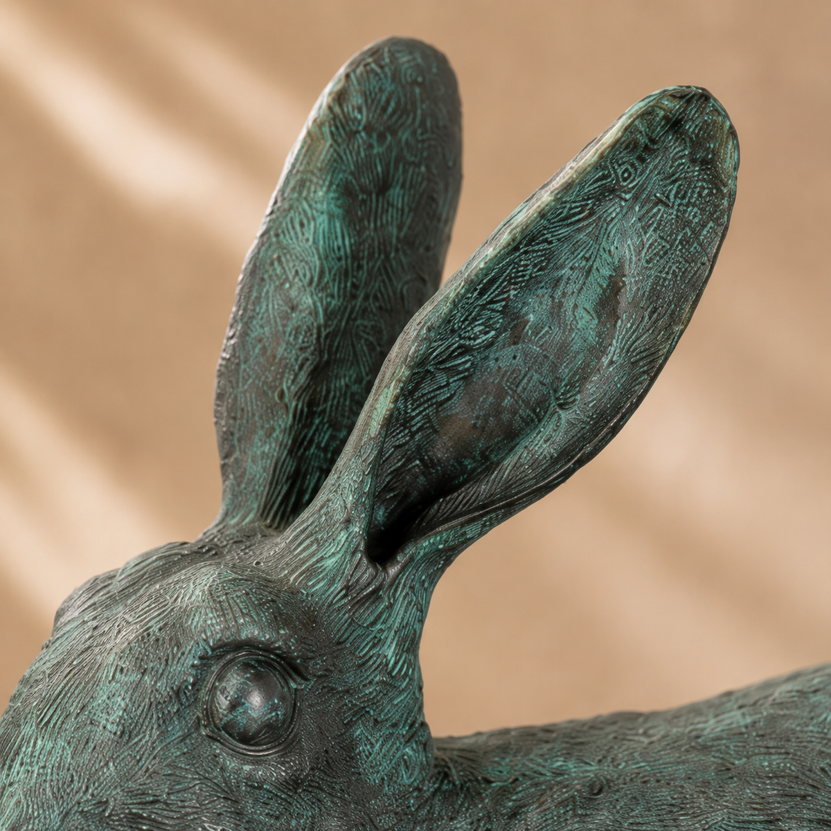 Sculpture en bronze patiné vert-de-gris, lièvre aux aguets, vue 3