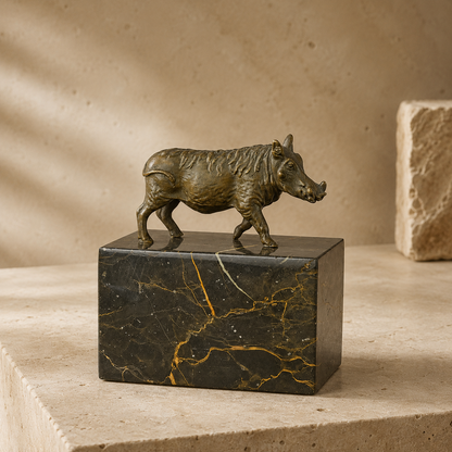 Sculpture en bronze phacochère sur socle en marbre veiné