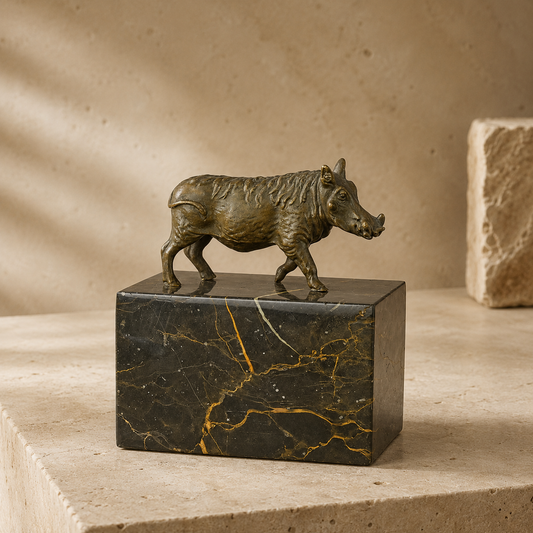 Sculpture en bronze phacochère sur socle en marbre veiné