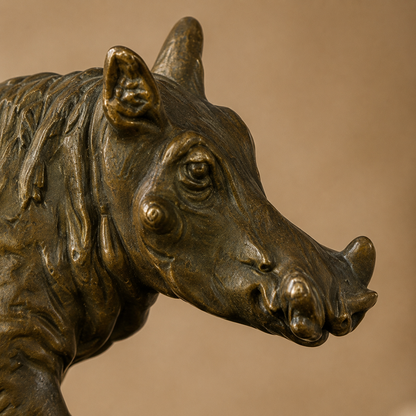 Sculpture en bronze phacochère sur socle en marbre veiné, vue 3