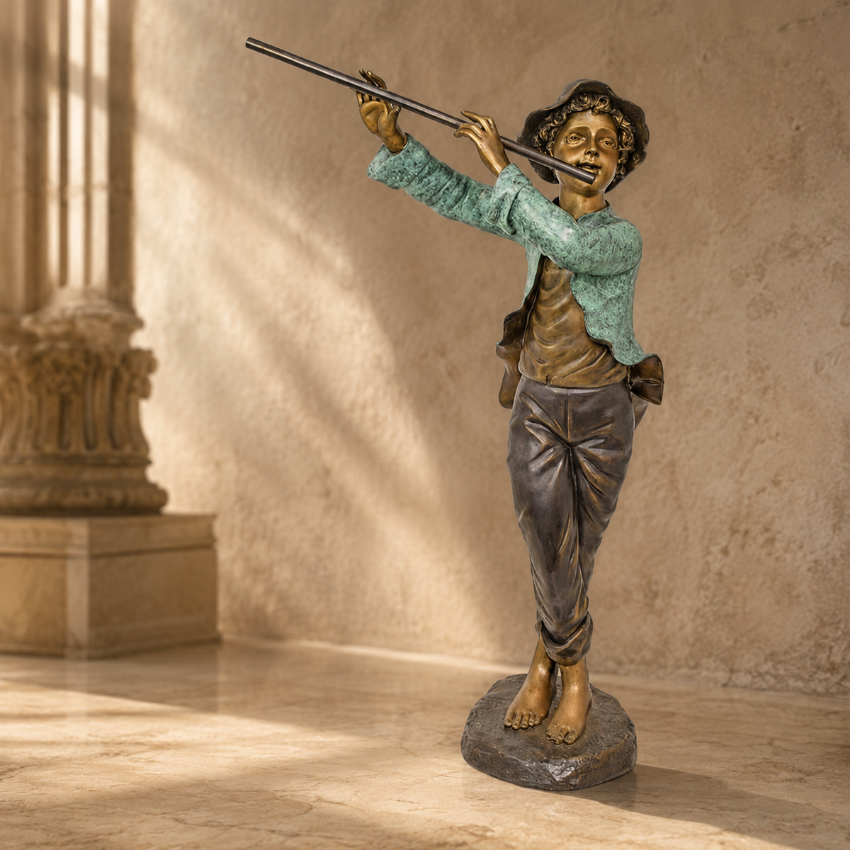 Sculpture en bronze polychrome jeune flûtiste pieds nus