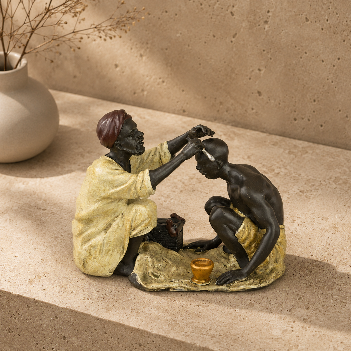 Sculpture en bronze polychrome, scène de barbier oriental