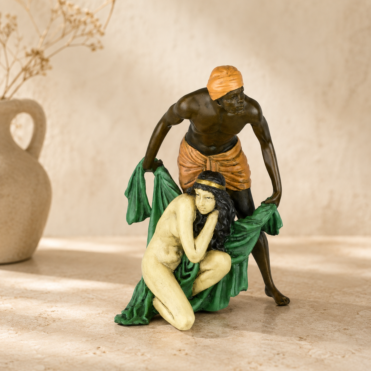 Sculpture en bronze polychrome, serviteur et odalisque