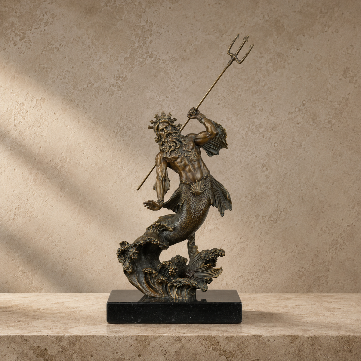 Sculpture en bronze Poséidon au trident sur vagues