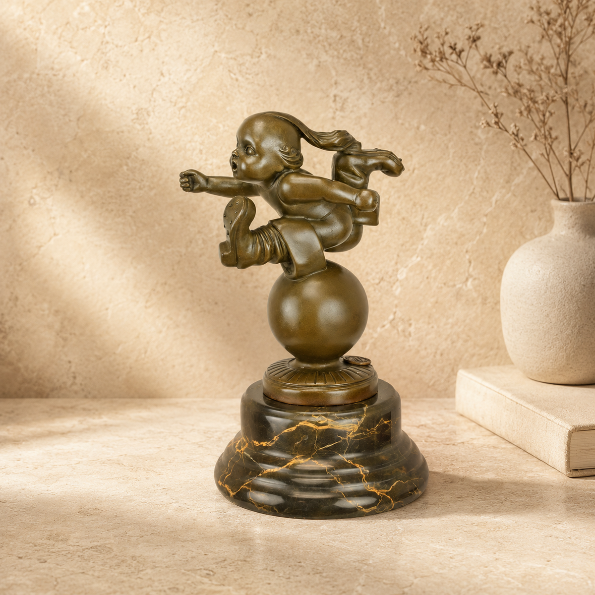 Sculpture en bronze Tom Pouce sur sphère, socle marbre