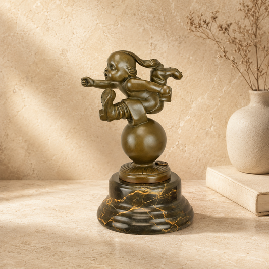 Sculpture en bronze Tom Pouce sur sphère, socle marbre
