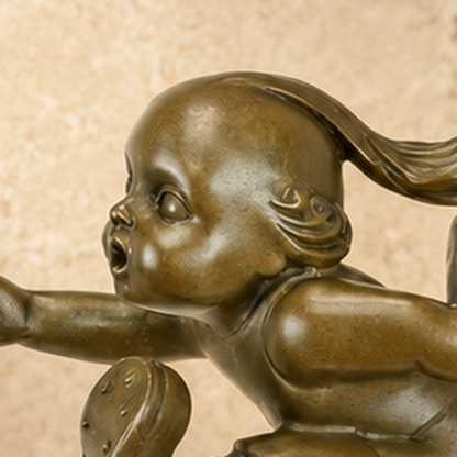Sculpture en bronze Tom Pouce sur sphère, socle marbre, vue 2