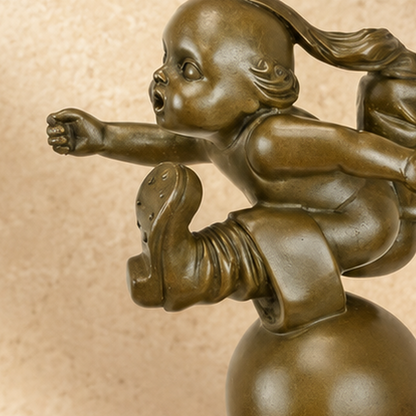 Sculpture en bronze Tom Pouce sur sphère, socle marbre, vue 3