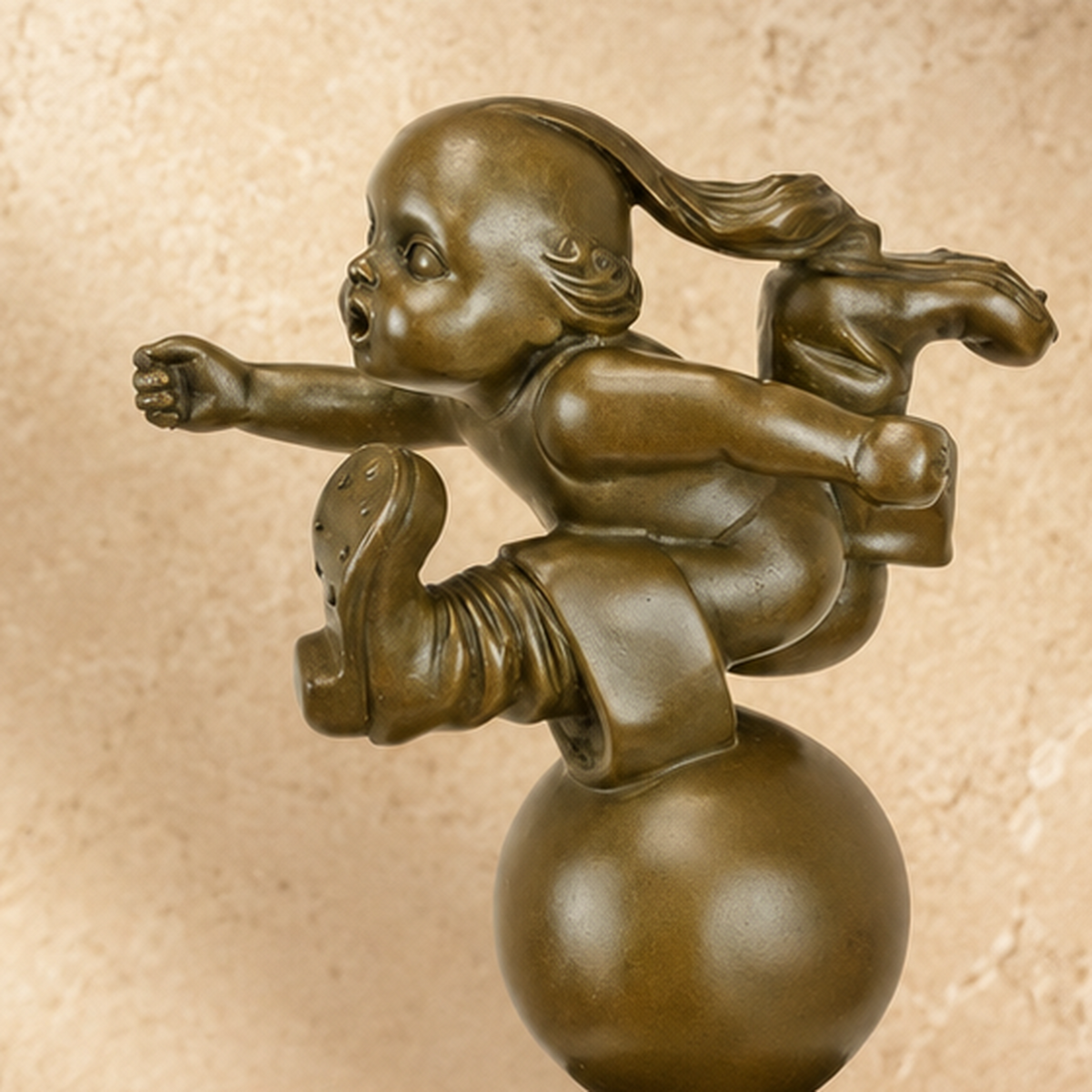 Sculpture en bronze Tom Pouce sur sphère, socle marbre, vue 7
