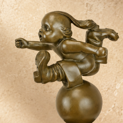 Sculpture en bronze Tom Pouce sur sphère, socle marbre, vue 7