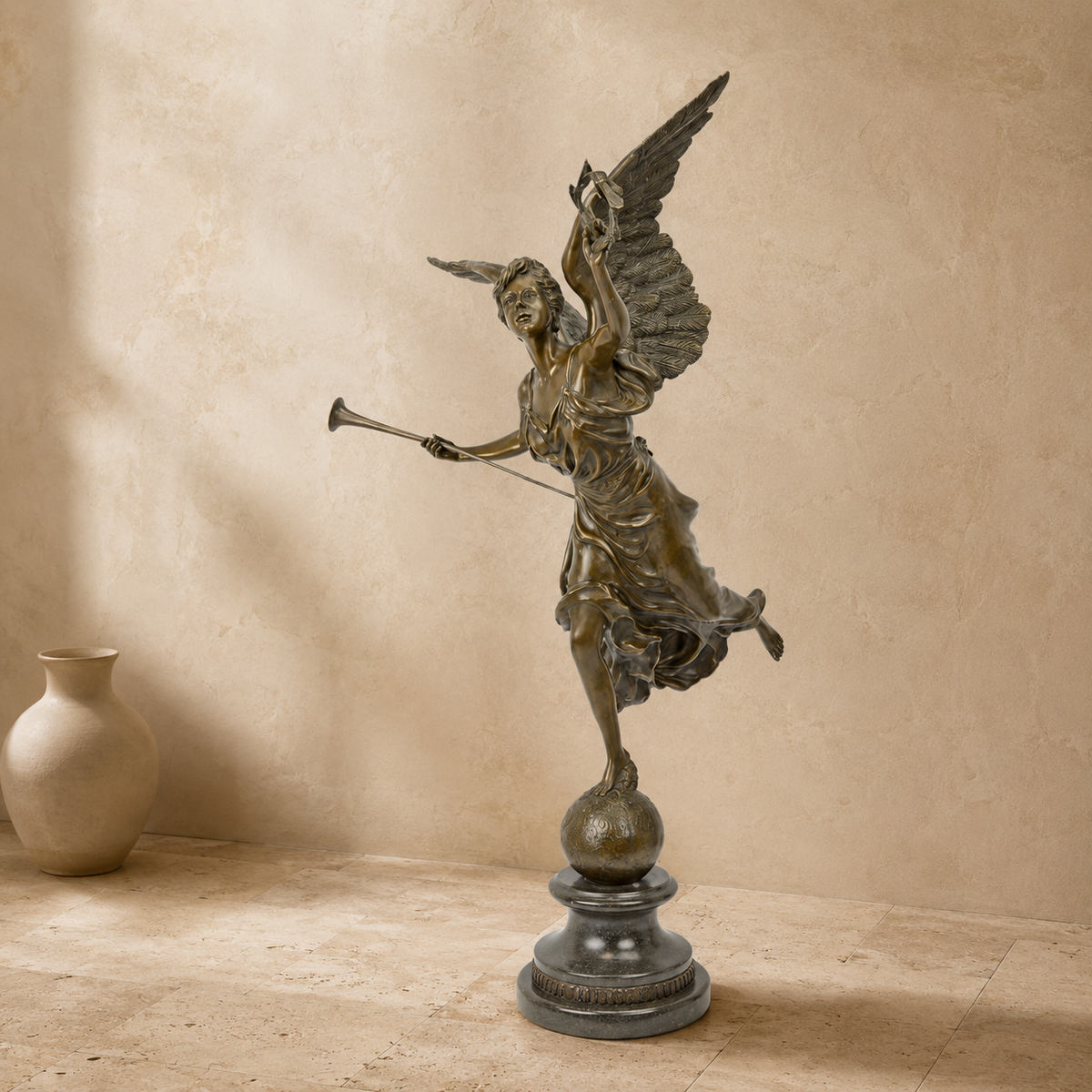 Sculpture en bronze Victoire ailée à la trompette sur socle