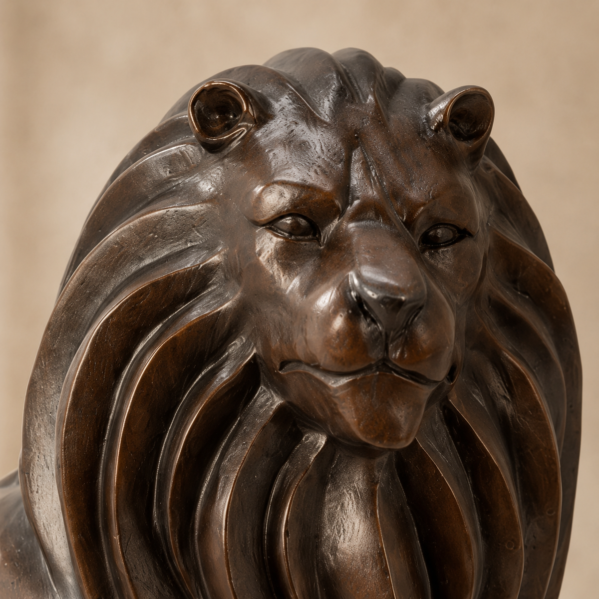 Sculpture lion majestueux en bronze à patine brune, vue 2
