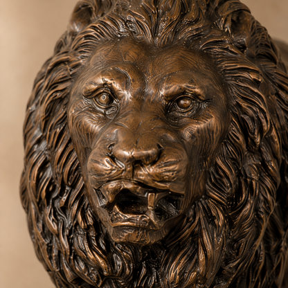 Sculpture lion rugissant en bronze patiné sur socle marbre, vue 2
