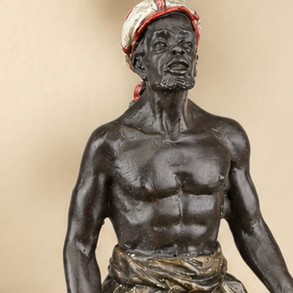 Sculpture polychrome marchand africain assis avec armes, vue 3