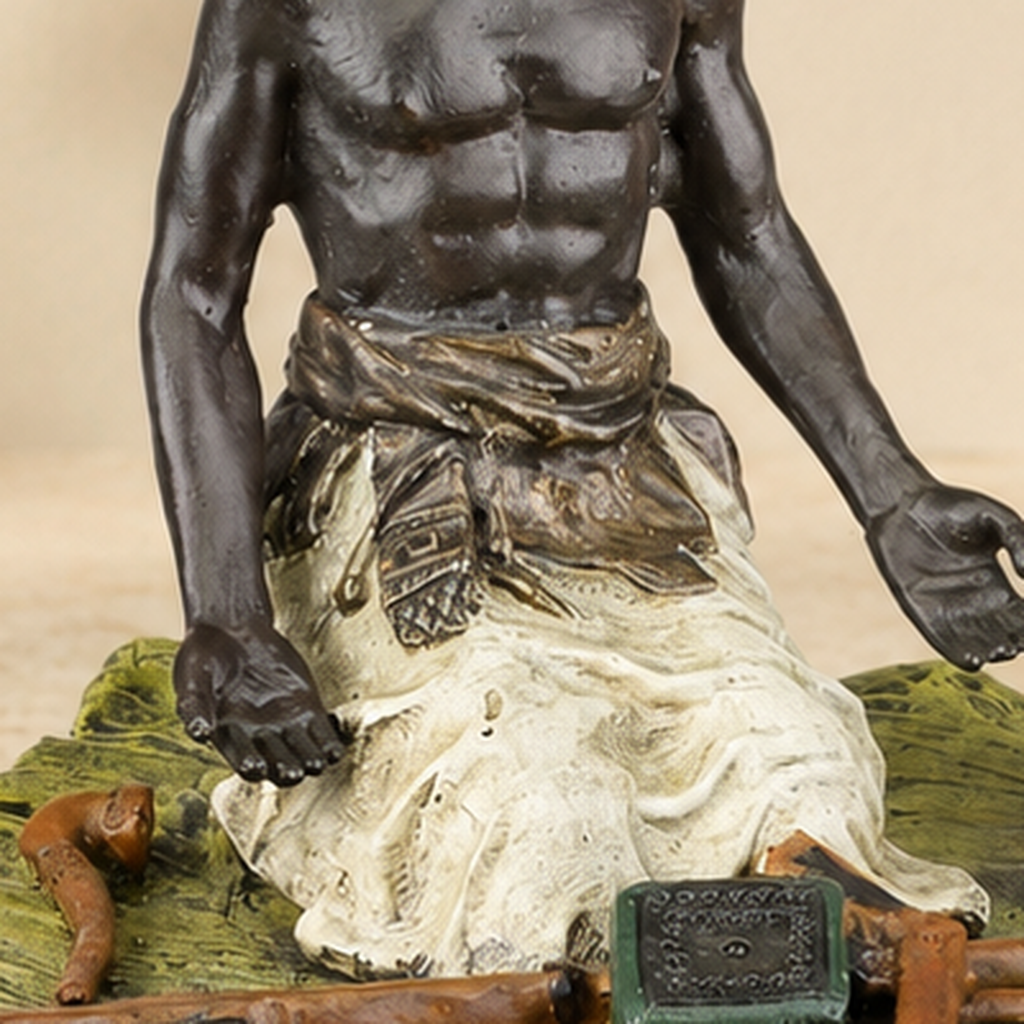 Sculpture polychrome marchand africain assis avec armes, vue 4