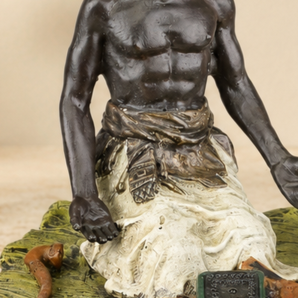 Sculpture polychrome marchand africain assis avec armes, vue 5