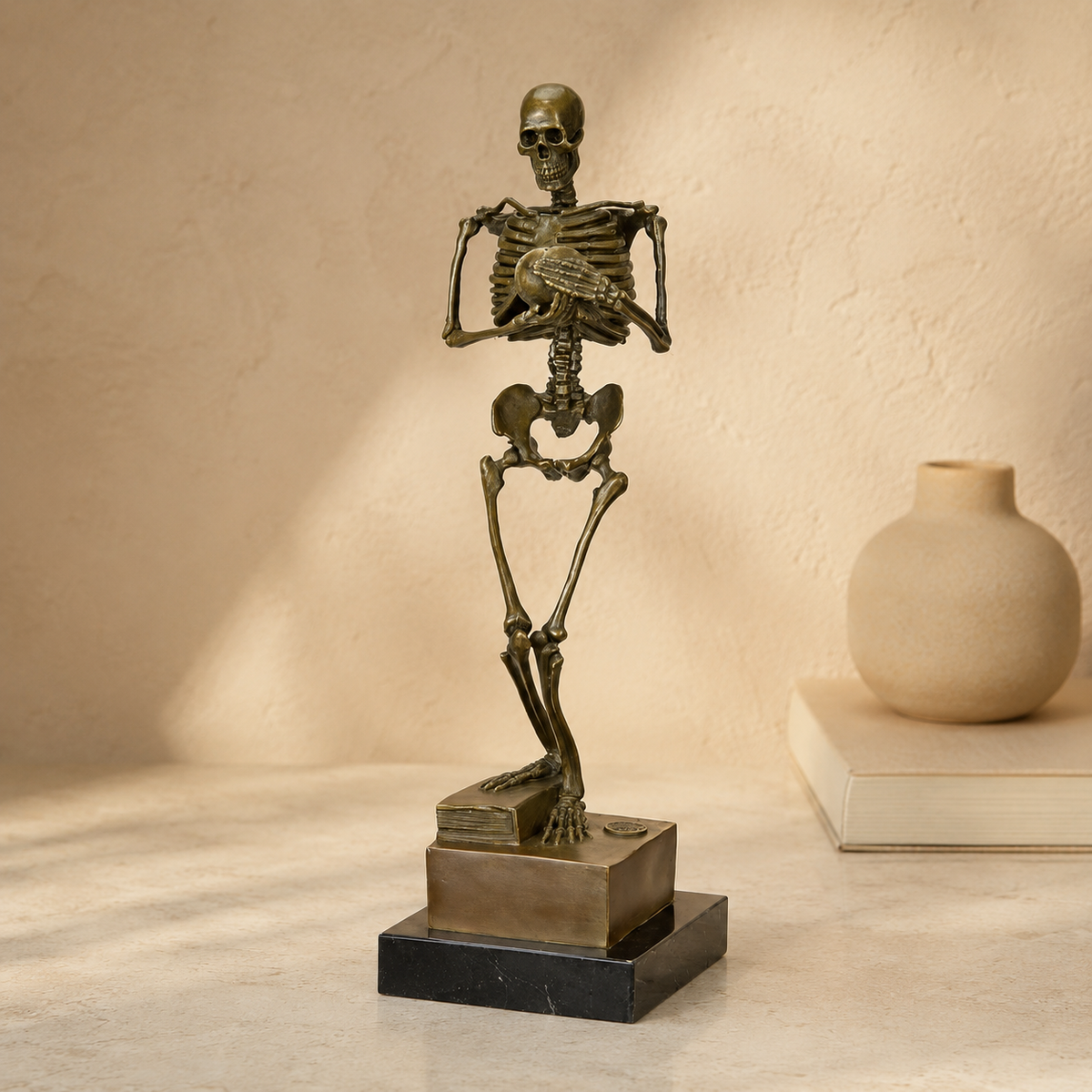 Sculpture squelette penseur en bronze patiné sur marbre