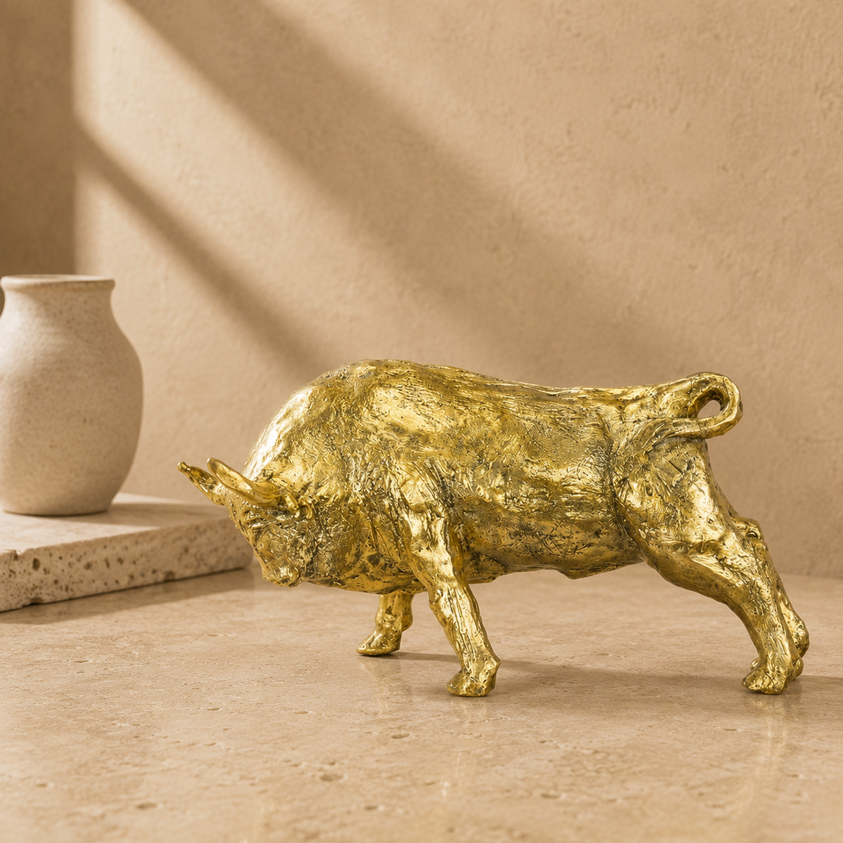 Sculpture taureau en bronze doré patine brillante