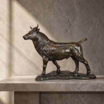 Sculpture taureau en bronze patiné sur base naturaliste