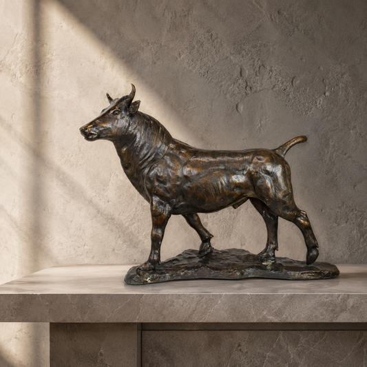 Sculpture taureau en bronze patiné sur base naturaliste
