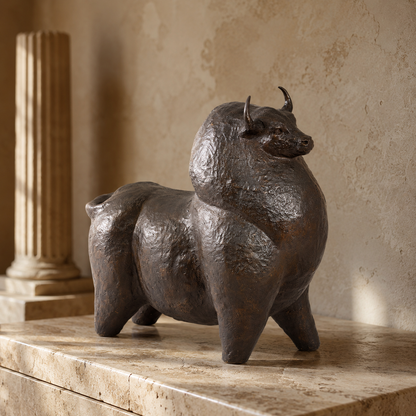 Sculpture taureau stylisé en bronze à patine brune