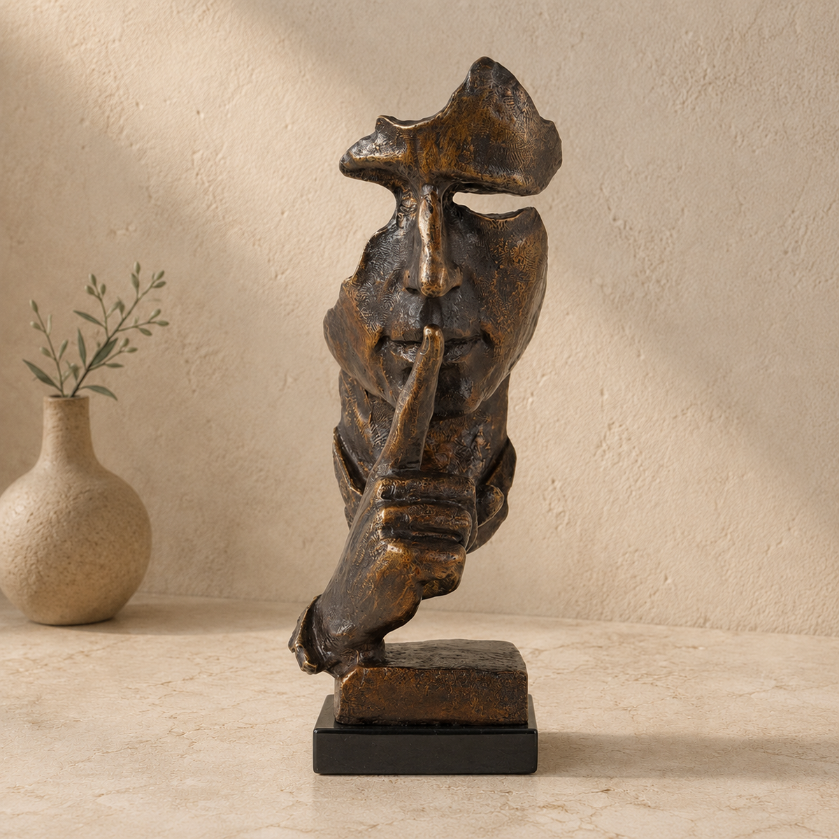 Sculpture visage Le Silence, patine bronze doré