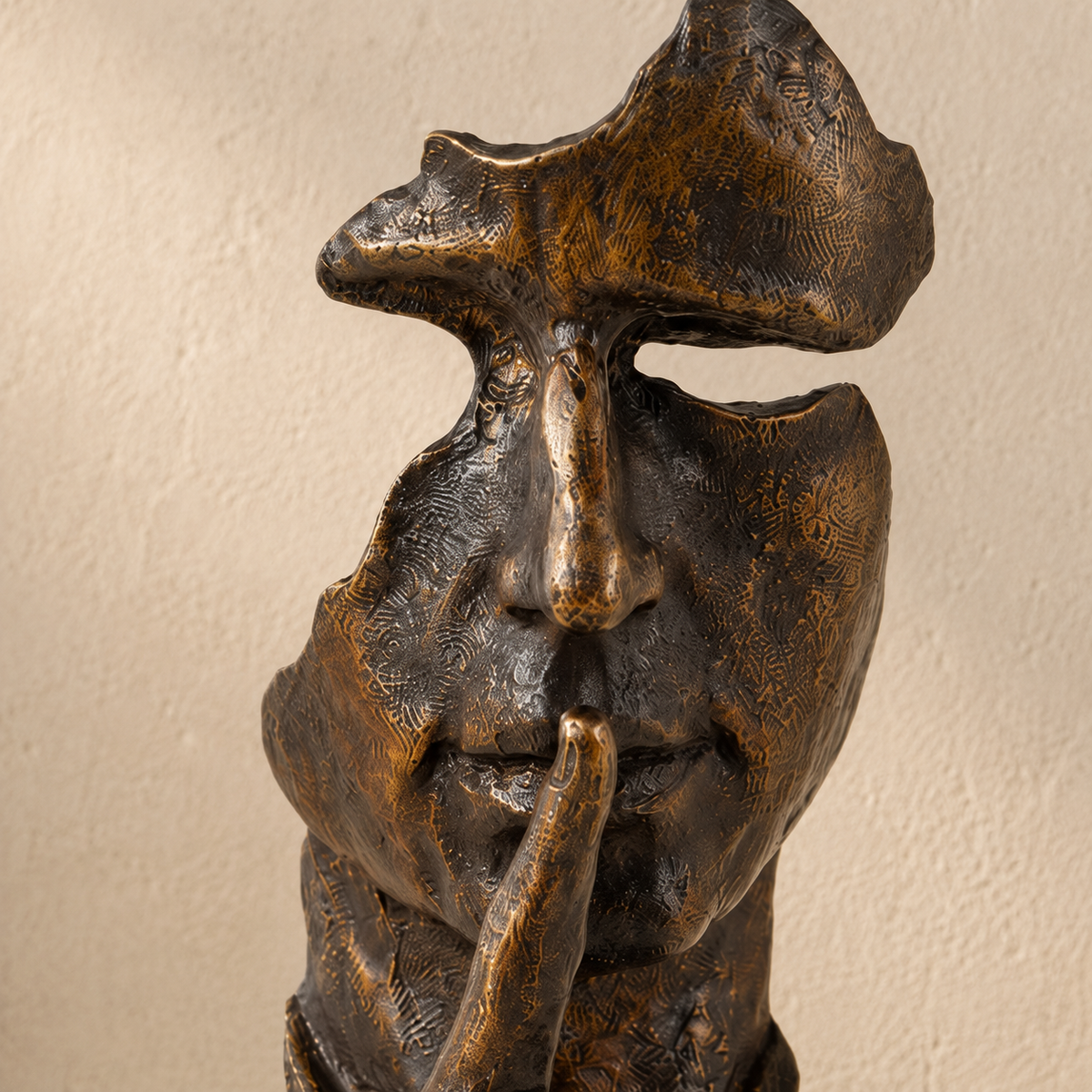 Sculpture visage Le Silence, patine bronze doré, vue 2