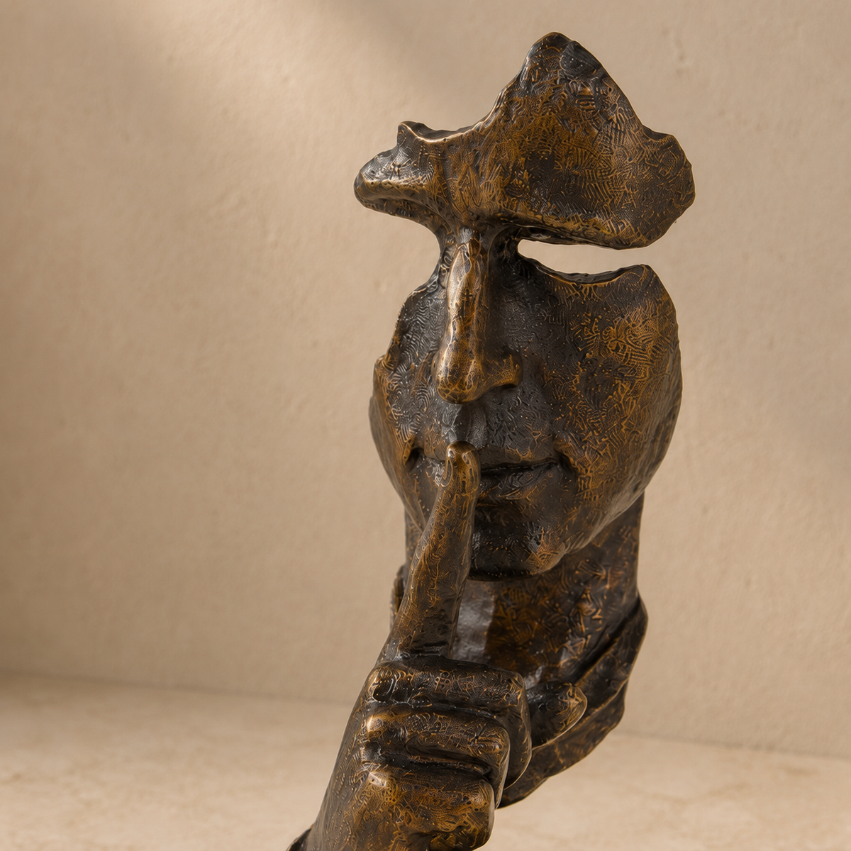 Sculpture visage Le Silence, patine bronze doré, vue 3
