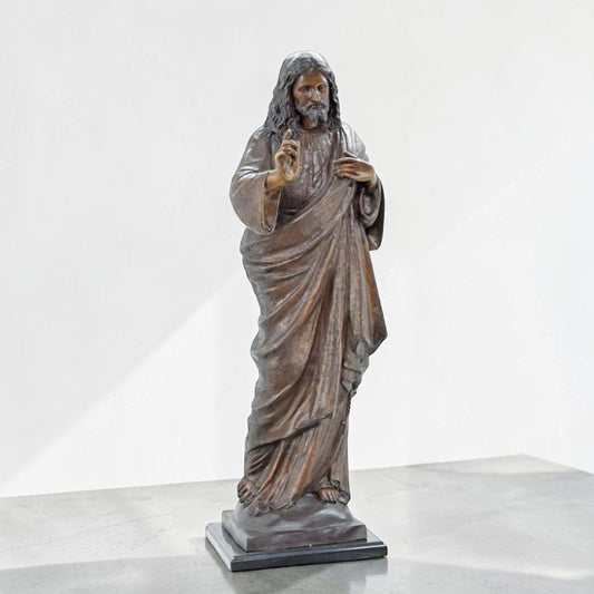 Statue en bronze du Christ bénissant sur socle en marbre