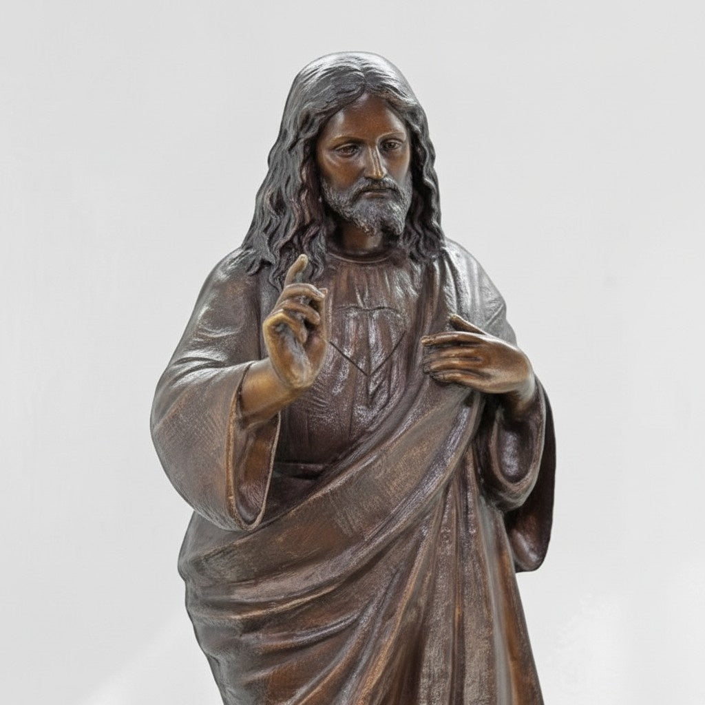 Statue en bronze du Christ bénissant sur socle en marbre, vue 2