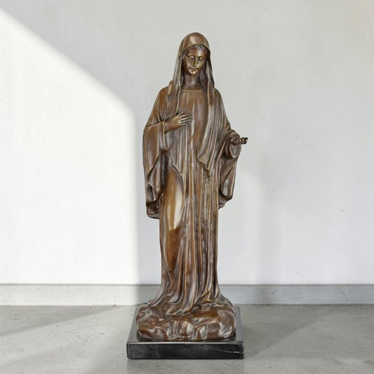 Statue en bronze Vierge Marie sur socle en marbre noir