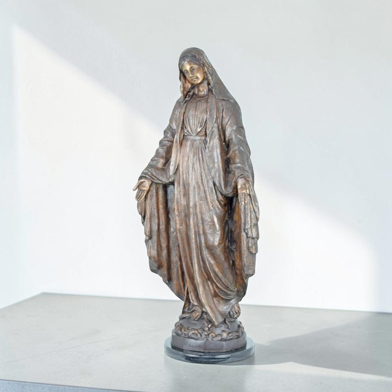 Statue Vierge Marie en bronze à patine brune sur socle marbre