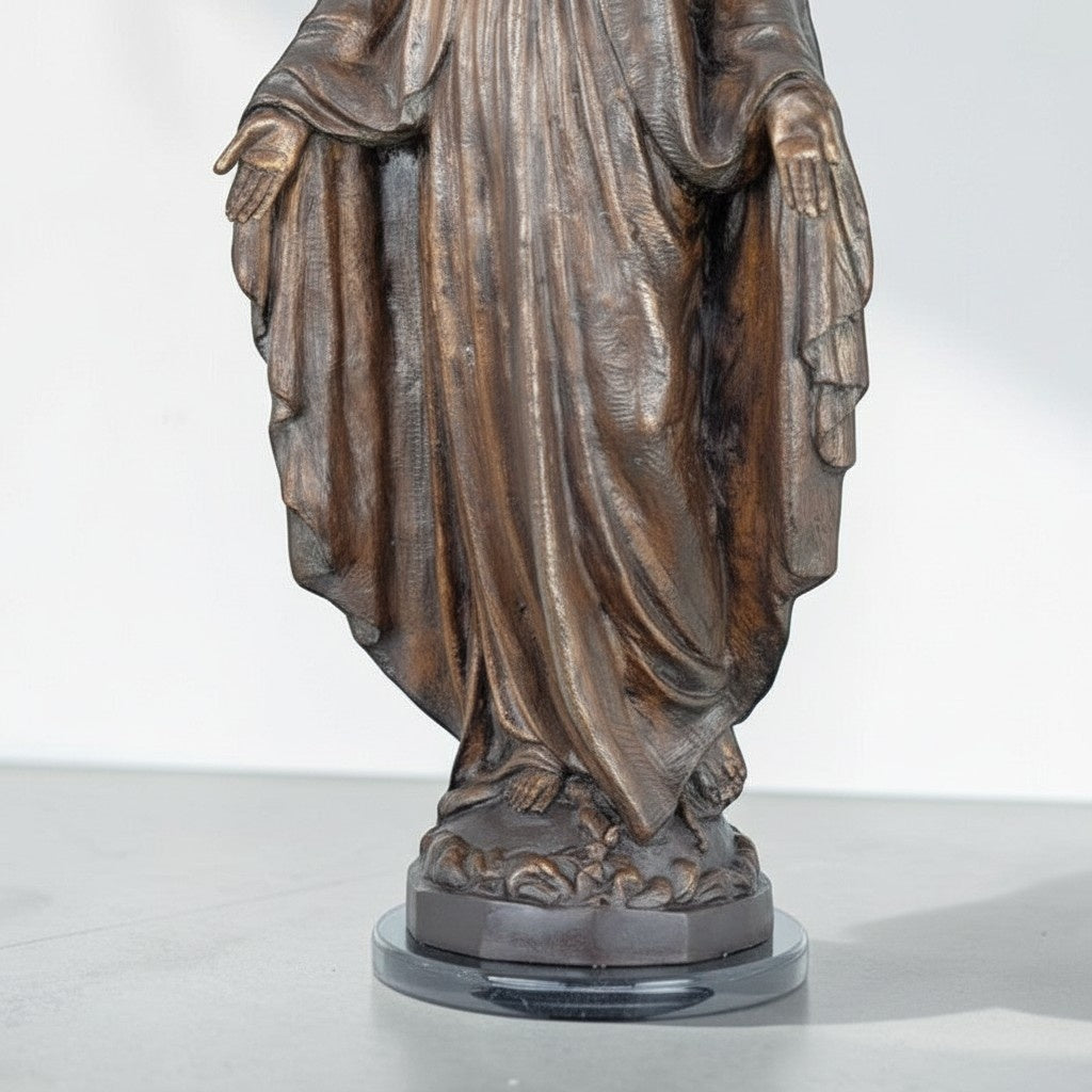 Statue Vierge Marie en bronze à patine brune sur socle marbre, vue 3