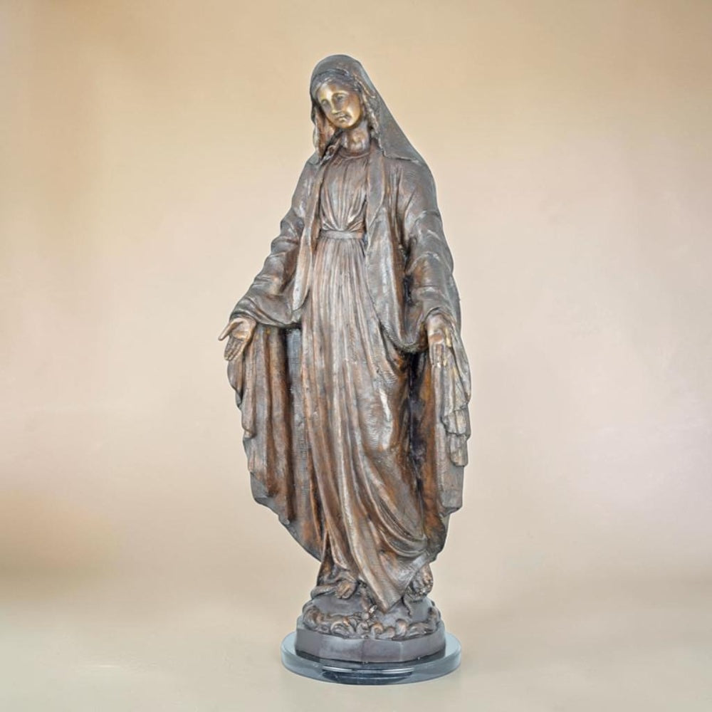 Statue Vierge Marie en bronze à patine brune sur socle marbre, vue 4