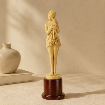 Statuette jeune fille au drapé en résine ivoire sur socle bois