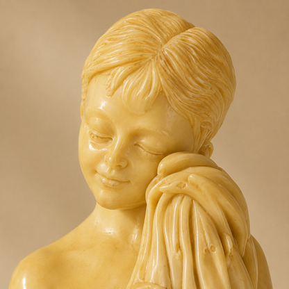 Statuette jeune fille au drapé en résine ivoire sur socle bois, vue 2