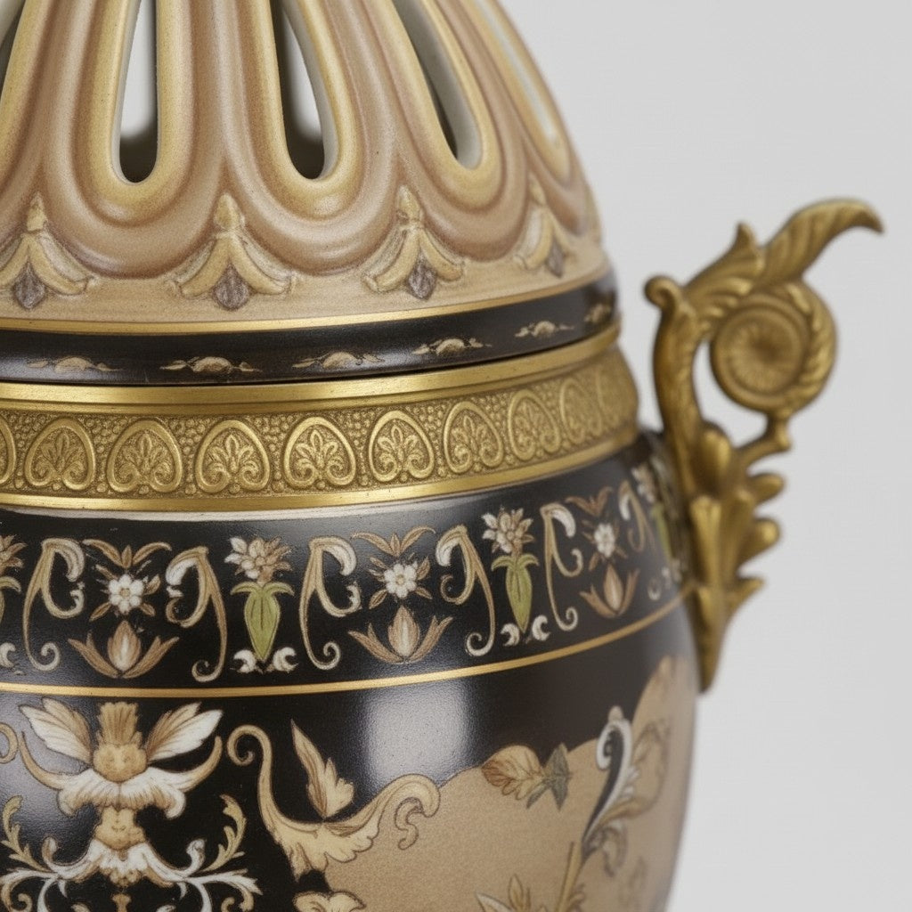 Urne couverte en porcelaine et bronze doré au dauphin, vue de détail 4